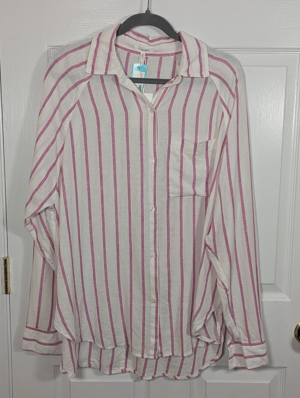 Z Supply The Perfect Line Top M White Pink Stripe Linen Blend Button Up NWT